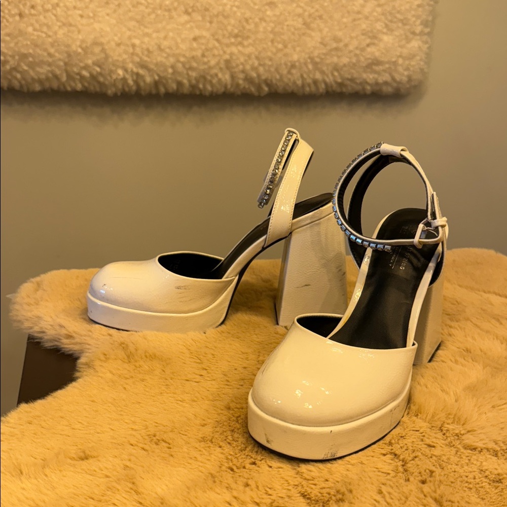 White Platform Heels with Rhinestone Ankle Strap